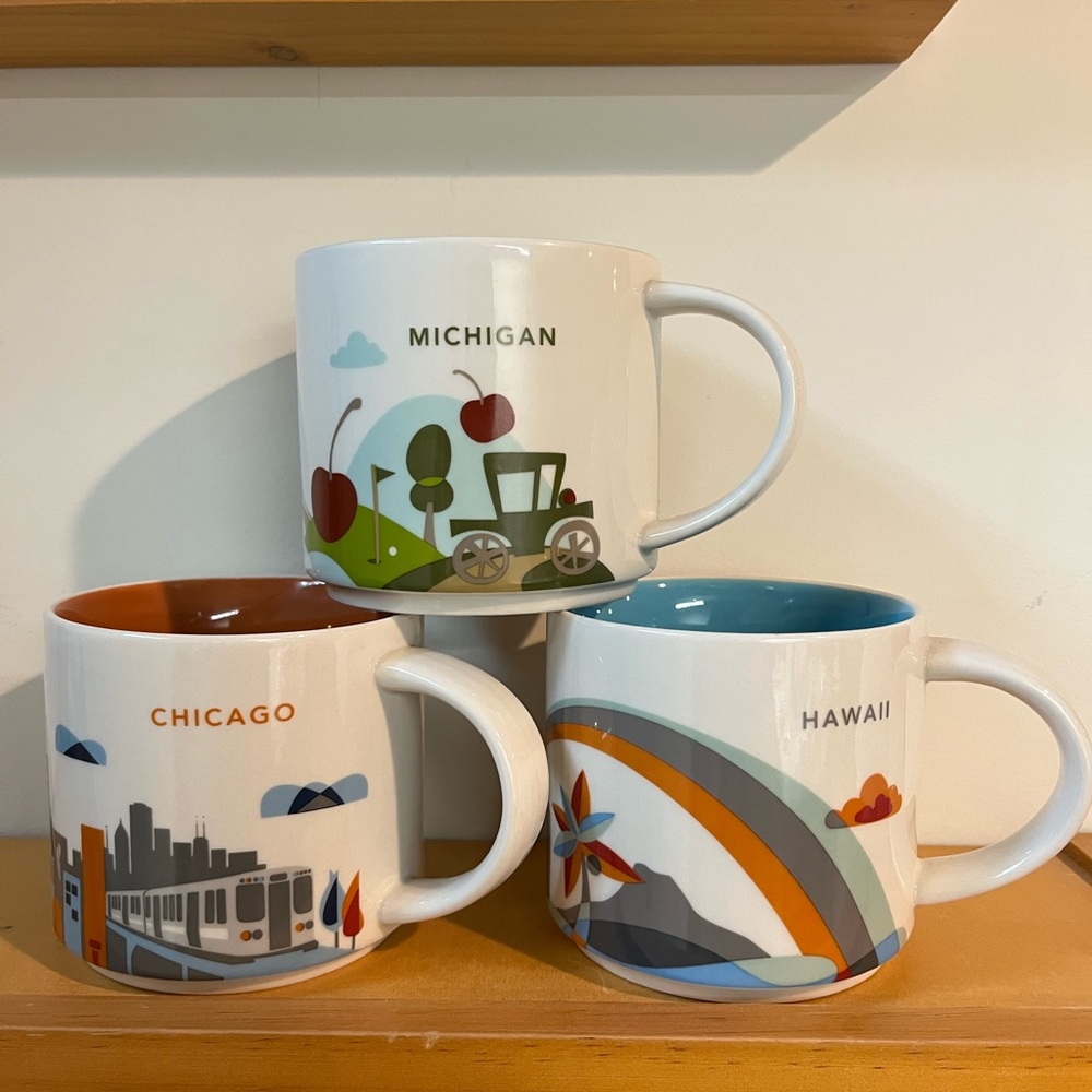 Starbucks Three 14 oz. “You Are Here Mugs ”Hawaii Michigan and Chicago 2014